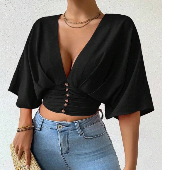 Vibrant Orange Button detail shirred Kimono Sleeve Blouse - Picture 3 of 11